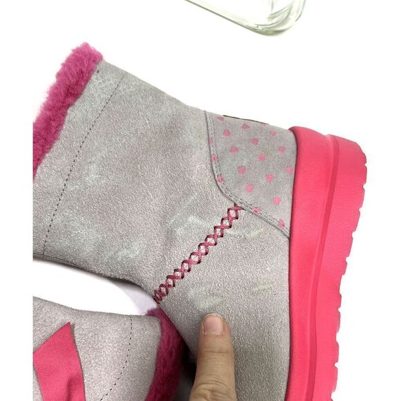UGG Girls Knotty Boots Size 4 Youth Gray Suede Pink Shearing Bow I heart - Picture 12 of 15